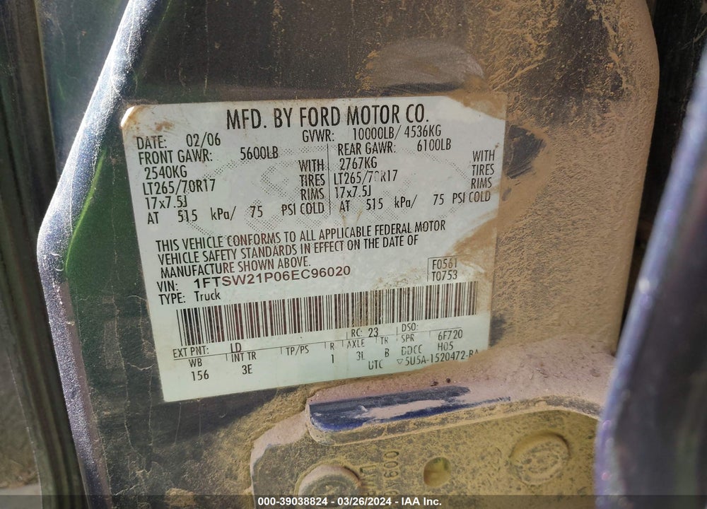 2006 FORD F-250 LARIAT/XL/XLT VIN: 1FTSW21P06EC96020