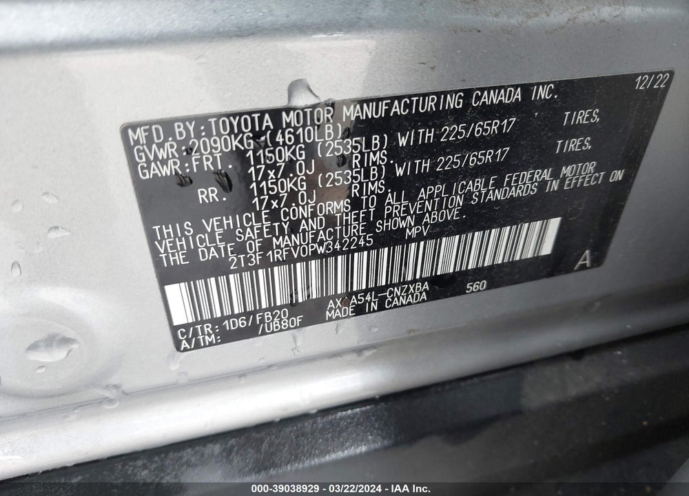 2023 TOYOTA RAV4 LE VIN: 2T3F1RFV0PW342245