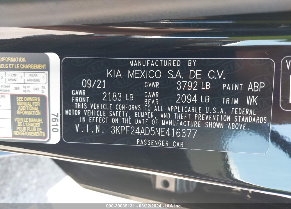 2022 KIA FORTE LXS VIN: 3KPF24AD5NE416377