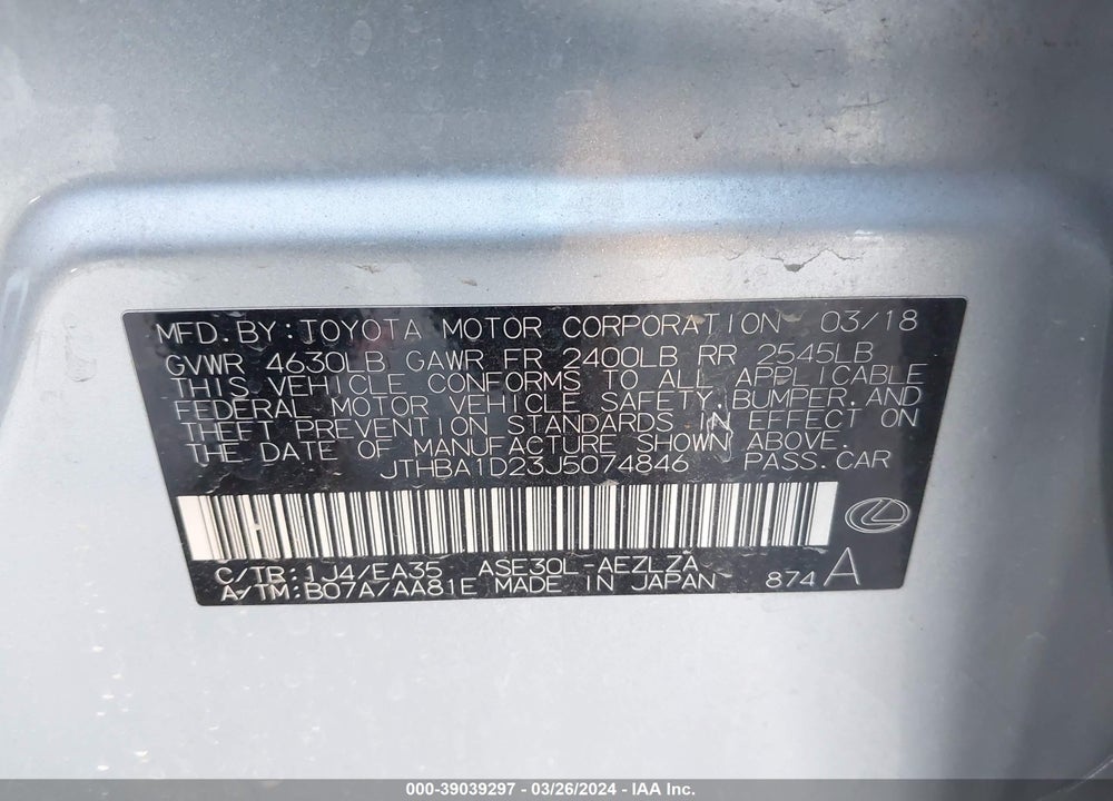 2018 LEXUS IS 300 VIN: JTHBA1D23J5074846