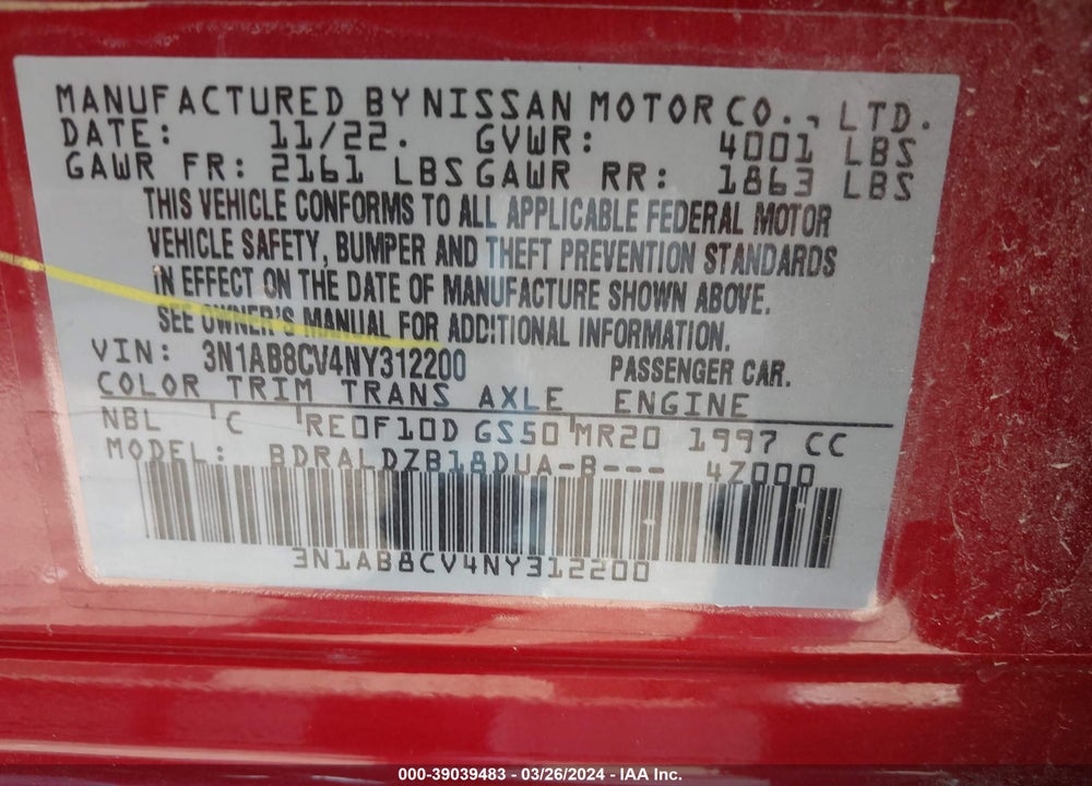 2022 NISSAN SENTRA SV XTRONIC CVT VIN: 3N1AB8CV4NY312200