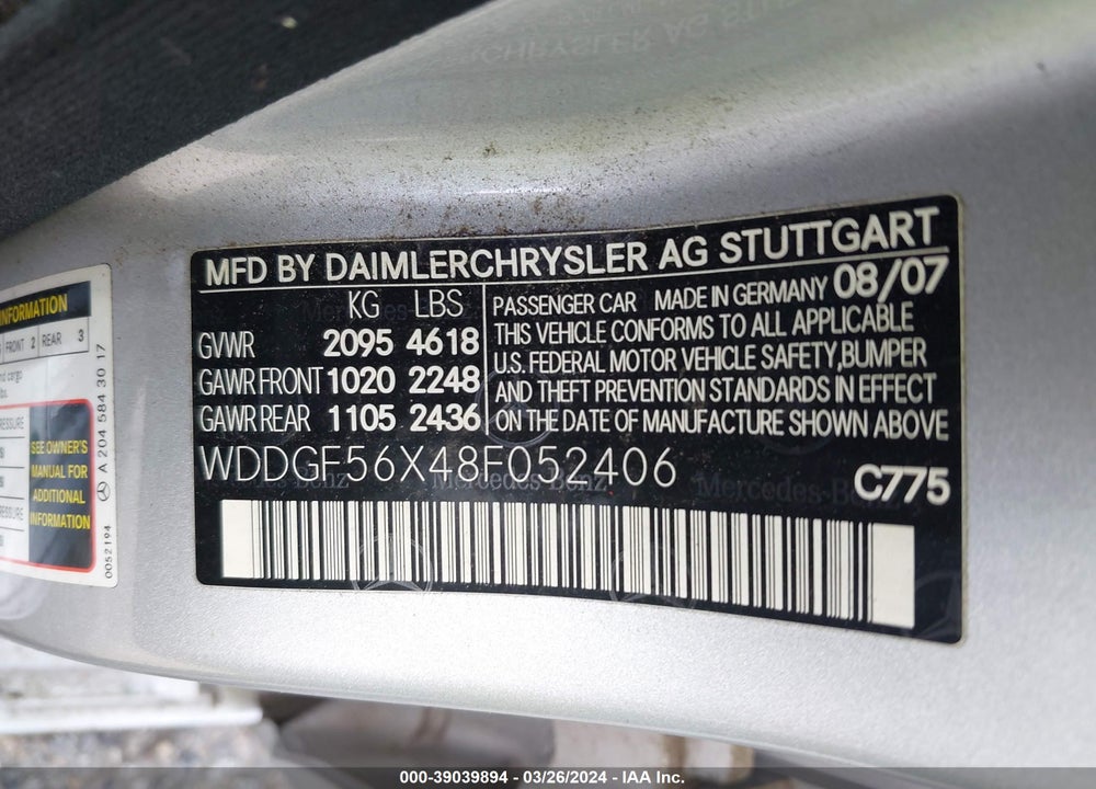 2008 MERCEDES-BENZ C 350 SPORT VIN: WDDGF56X48F052406