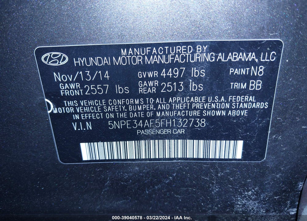 2015 HYUNDAI SONATA SPORT VIN: 5NPE34AF5FH132738