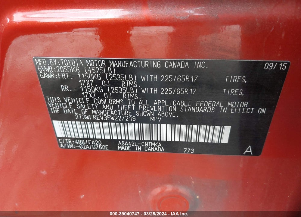 2015 TOYOTA RAV4 XLE VIN: 2T3WFREV3FW227219