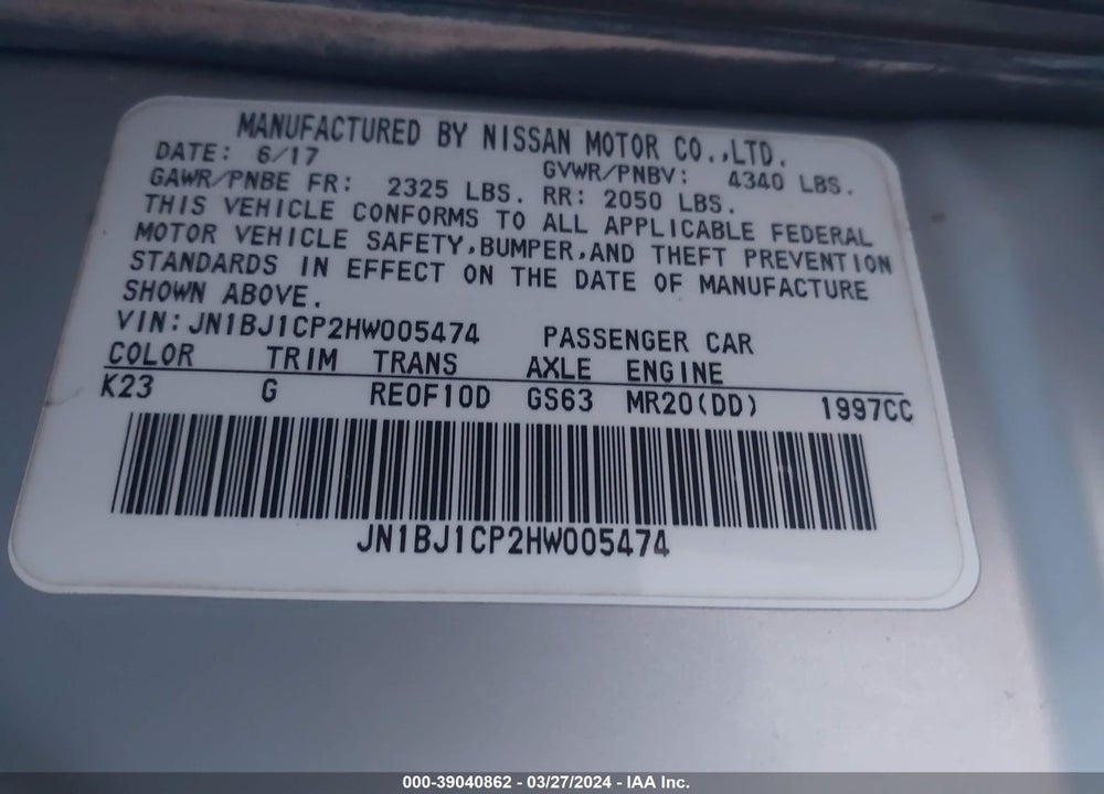2017 NISSAN ROGUE SPORT S VIN: JN1BJ1CP2HW005474
