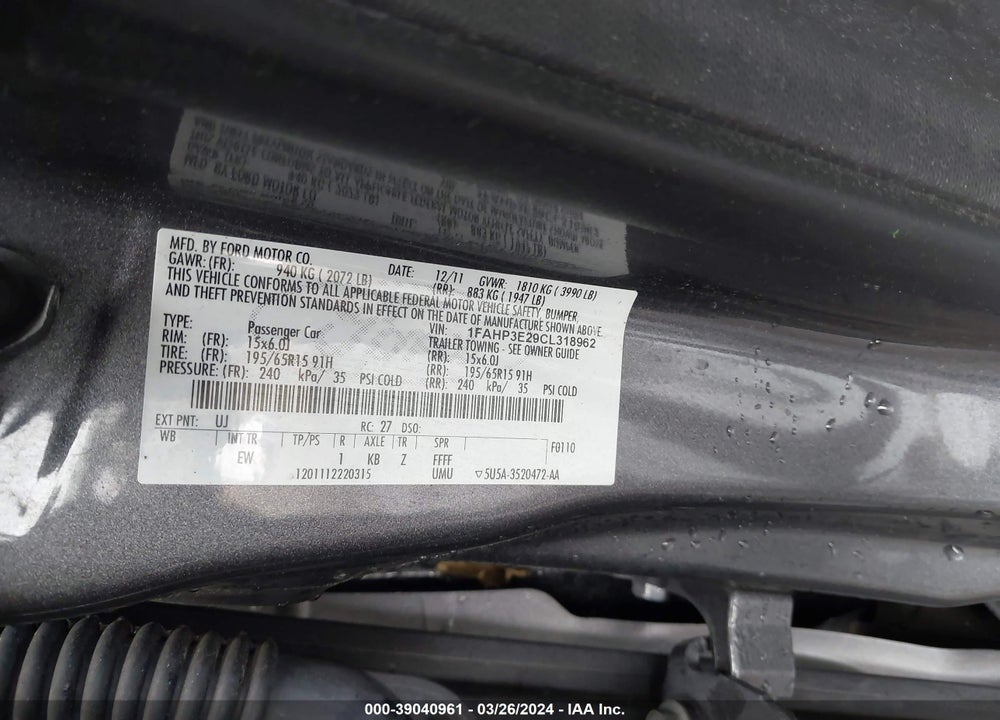 2012 FORD FOCUS S VIN: 1FAHP3E29CL318962