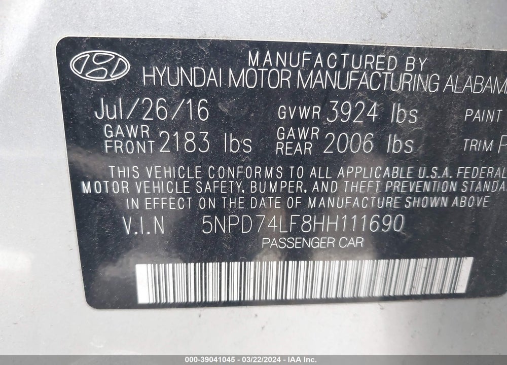 2017 HYUNDAI ELANTRA SE VIN: 5NPD74LF8HH111690