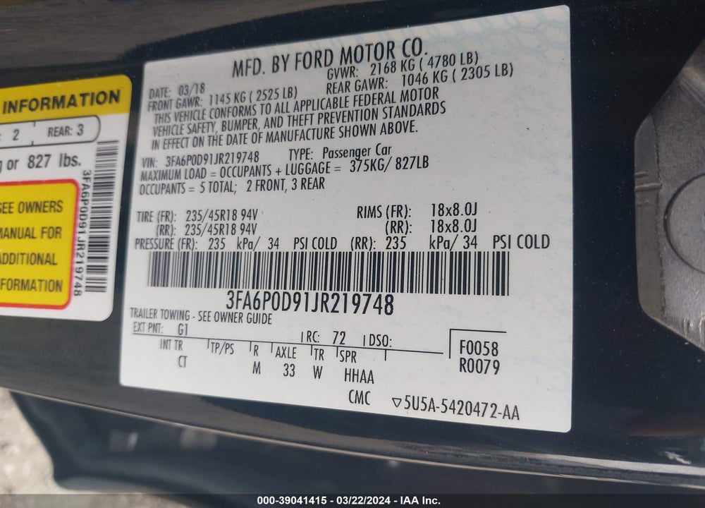 2018 FORD FUSION TITANIUM VIN: 3FA6P0D91JR219748