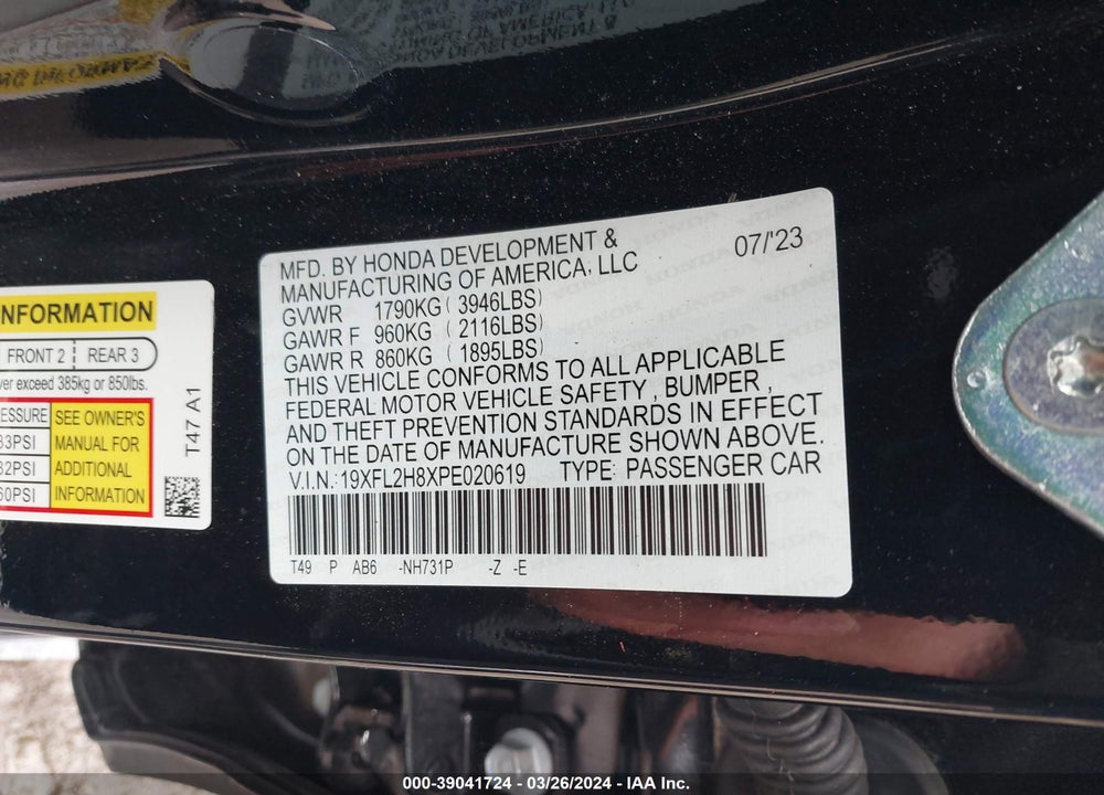 2023 HONDA CIVIC SPORT VIN: 19XFL2H8XPE020619