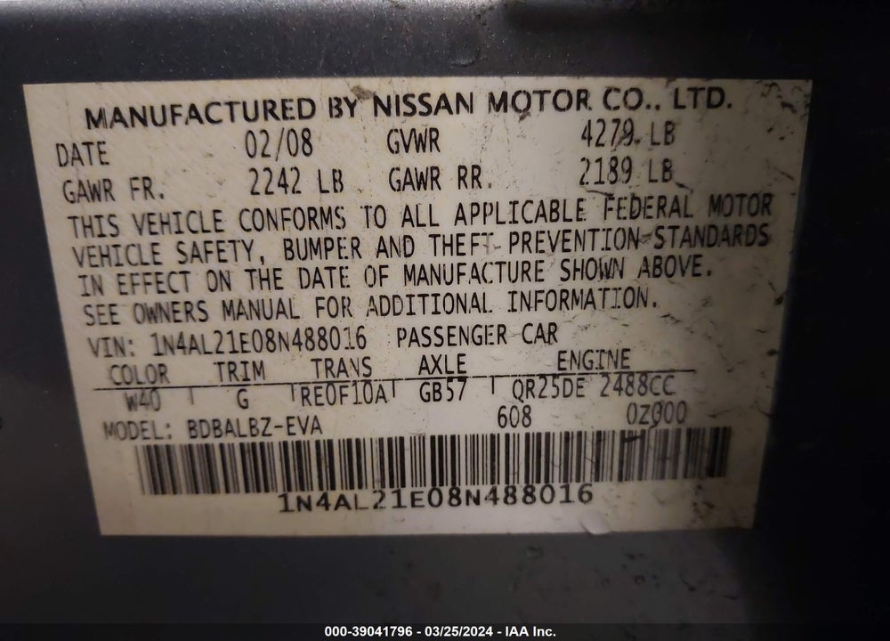 2008 NISSAN ALTIMA 2.5 S VIN: 1N4AL21E08N488016