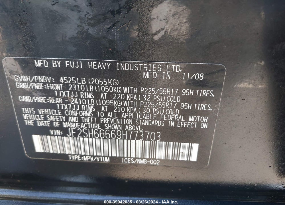 2009 SUBARU FORESTER 2.5XT LIMITED VIN: JF2SH66669H773703
