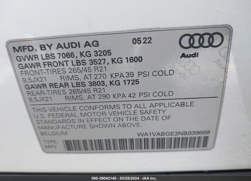 2022 AUDI E-TRON CHRONOS QUATTRO VIN: WA1VABGE3NB039669