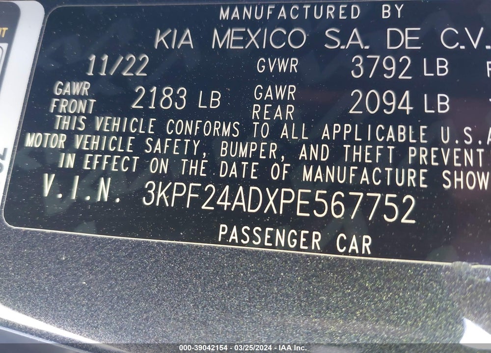 2023 KIA FORTE LX/LXS VIN: 3KPF24ADXPE567752