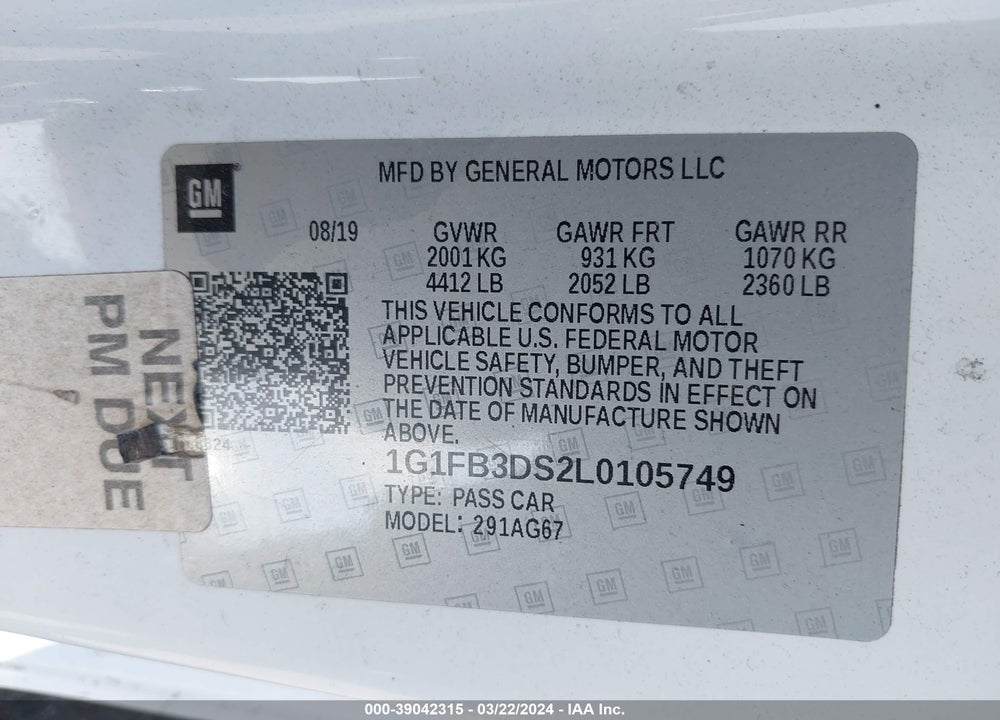 2020 CHEVROLET CAMARO RWD 1LT VIN: 1G1FB3DS2L0105749
