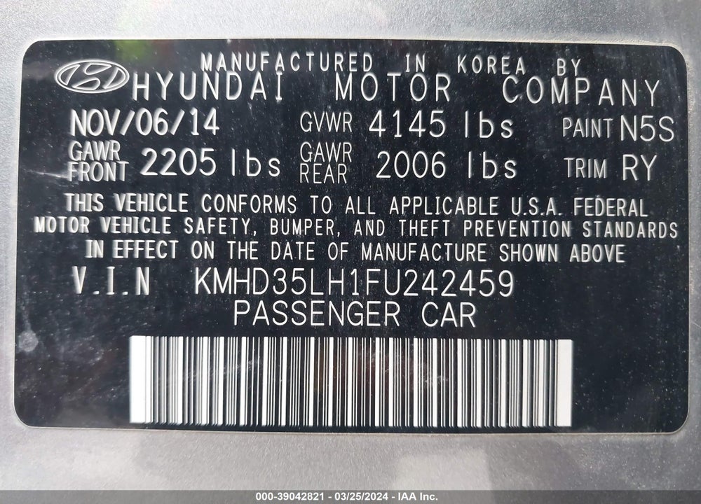 2015 HYUNDAI ELANTRA GT VIN: KMHD35LH1FU242459