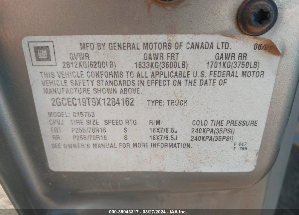 1999 CHEVROLET SILVERADO 1500 LS VIN: 2GCEC19T9X1284162