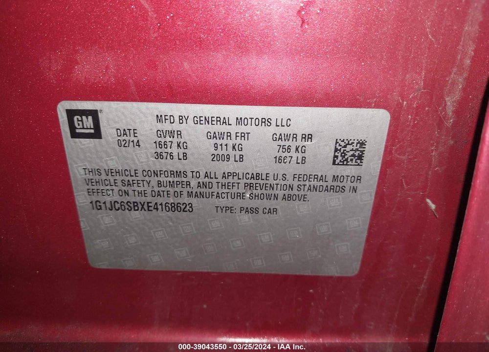 2014 CHEVROLET SONIC LT AUTO VIN: 1G1JC6SBXE4168623