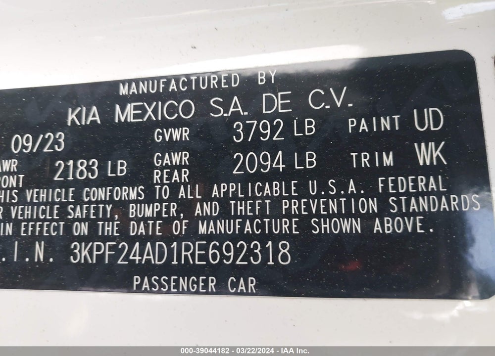 2024 KIA FORTE LX VIN: 3KPF24AD1RE692318