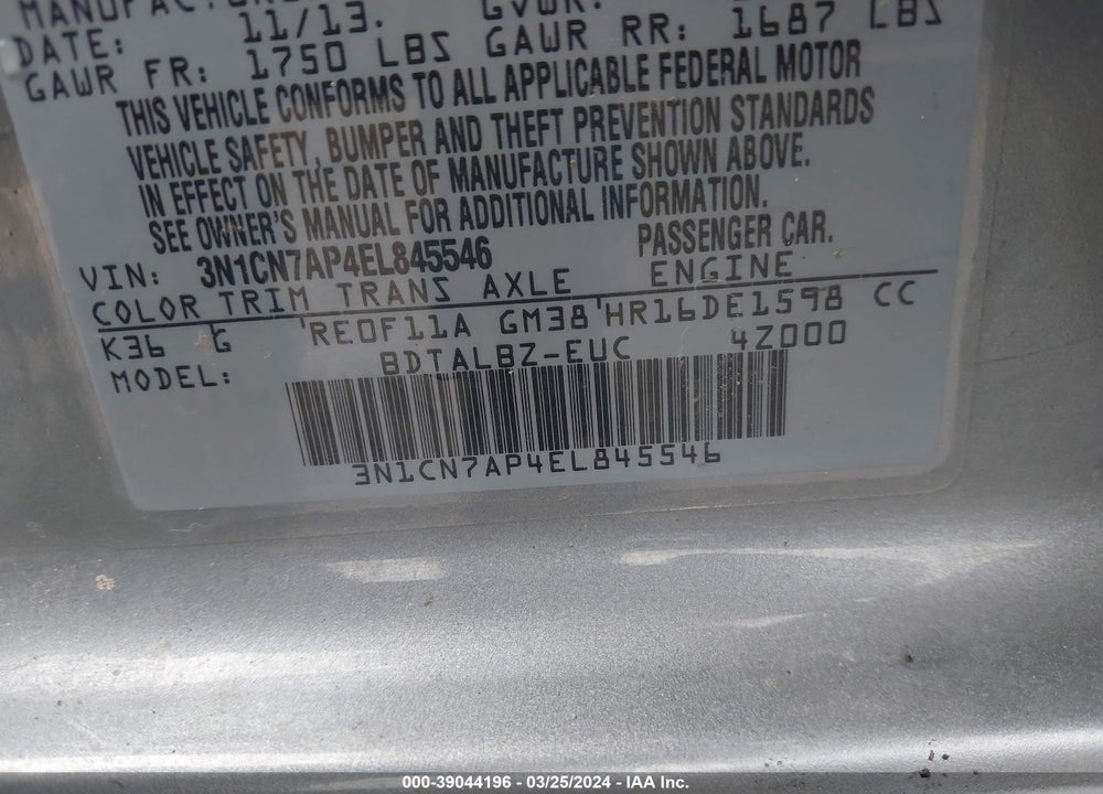 2014 NISSAN VERSA 1.6 SV VIN: 3N1CN7AP4EL845546