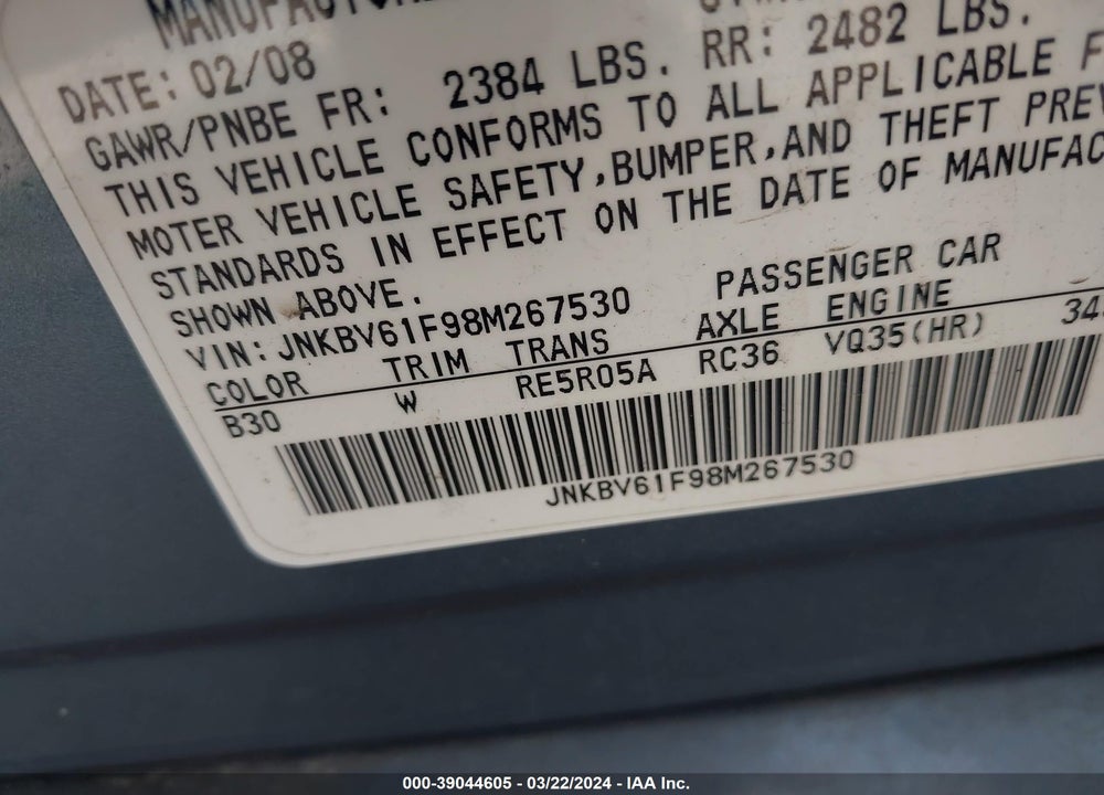 2008 INFINITI G35X VIN: JNKBV61F98M267530