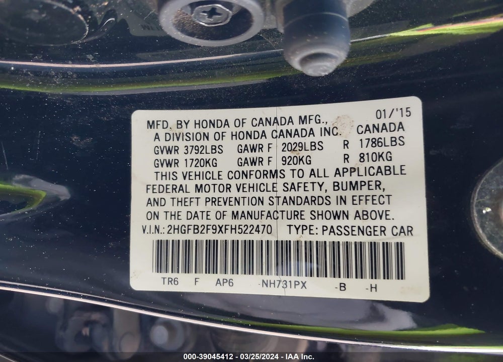 2015 HONDA CIVIC EX-L VIN: 2HGFB2F9XFH522470