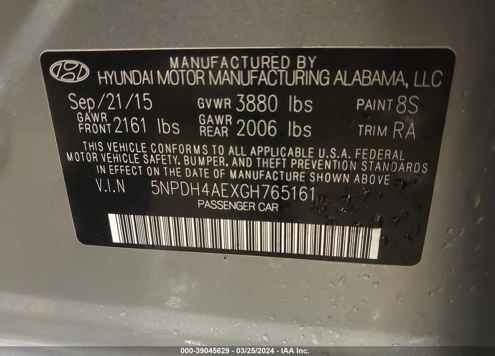 2016 HYUNDAI ELANTRA SE VIN: 5NPDH4AEXGH765161