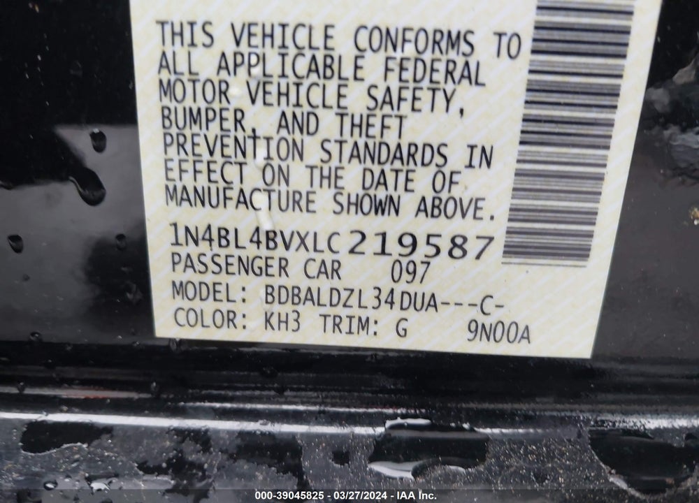 2020 NISSAN ALTIMA S FWD VIN: 1N4BL4BVXLC219587