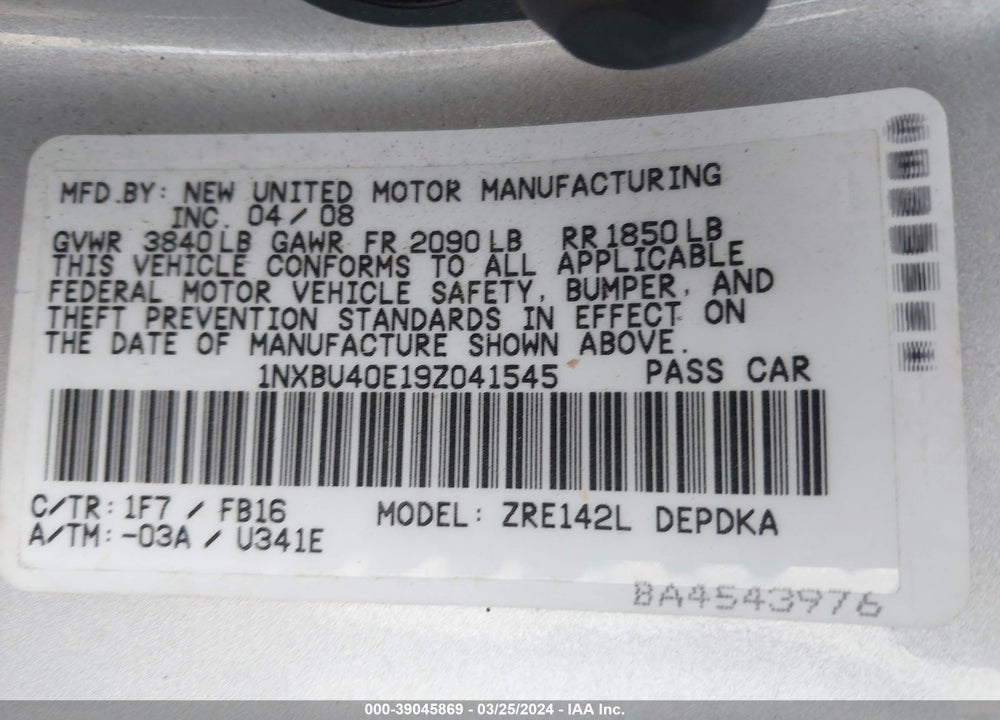 2009 TOYOTA COROLLA LE VIN: 1NXBU40E19Z041545
