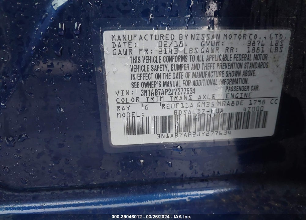 2018 NISSAN SENTRA VIN: 3N1AB7AP2JY277634