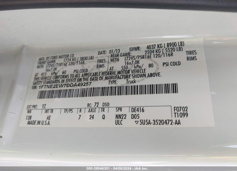 2013 FORD E-250 COMMERCIAL VIN: 1FTNE2EW7DDA49257