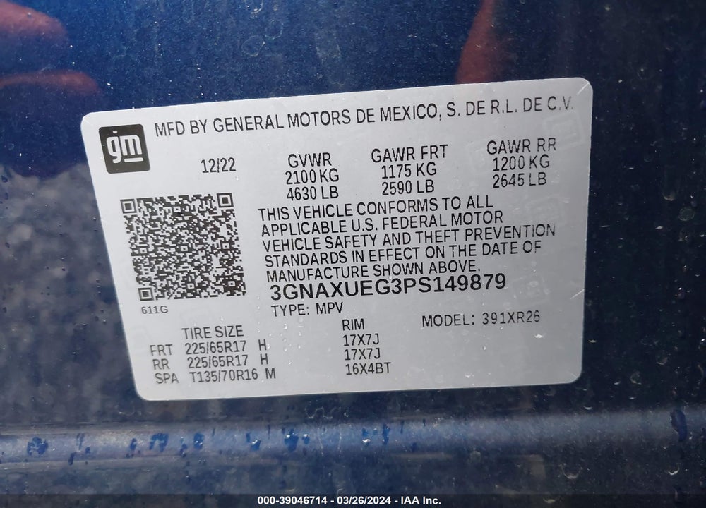 2023 CHEVROLET EQUINOX AWD LT VIN: 3GNAXUEG3PS149879