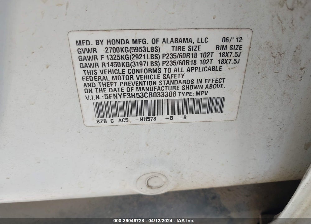 2012 HONDA PILOT EXL VIN: 5FNYF3H53CB033308