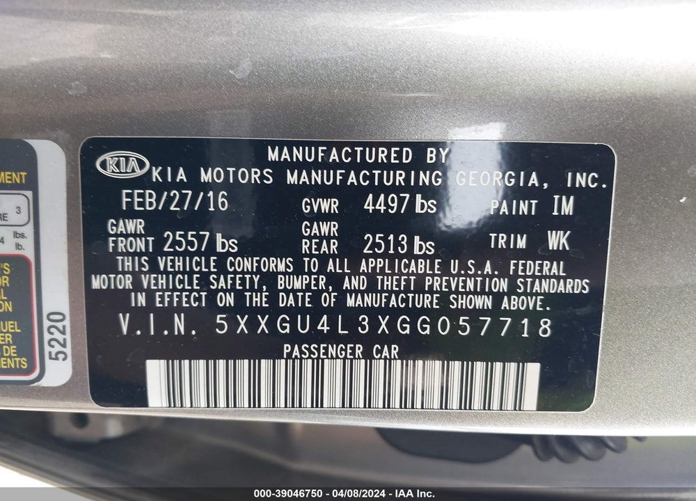2016 KIA OPTIMA EX VIN: 5XXGU4L3XGG057718
