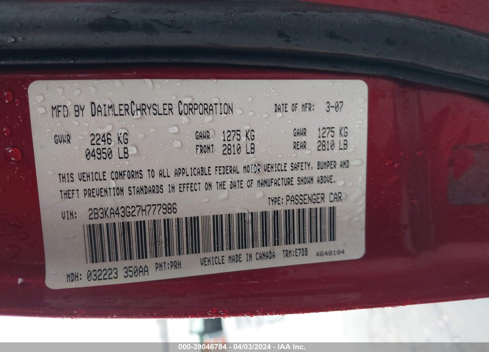 2007 DODGE CHARGER VIN: 2B3KA43G27H777986