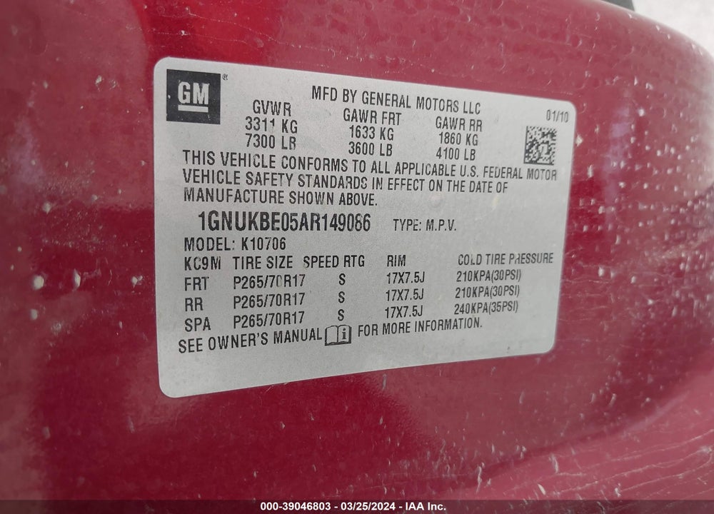 2010 CHEVROLET TAHOE VIN: 1GNUKBE05AR149086