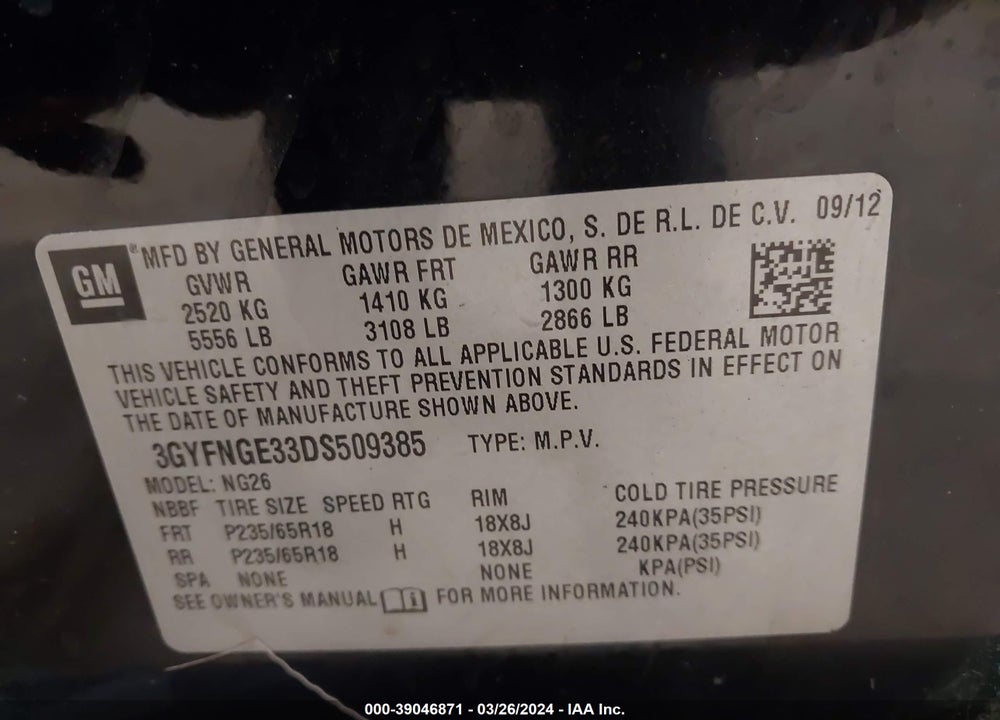 2013 CADILLAC SRX LUXURY COLLECTION VIN: 3GYFNGE33DS509385
