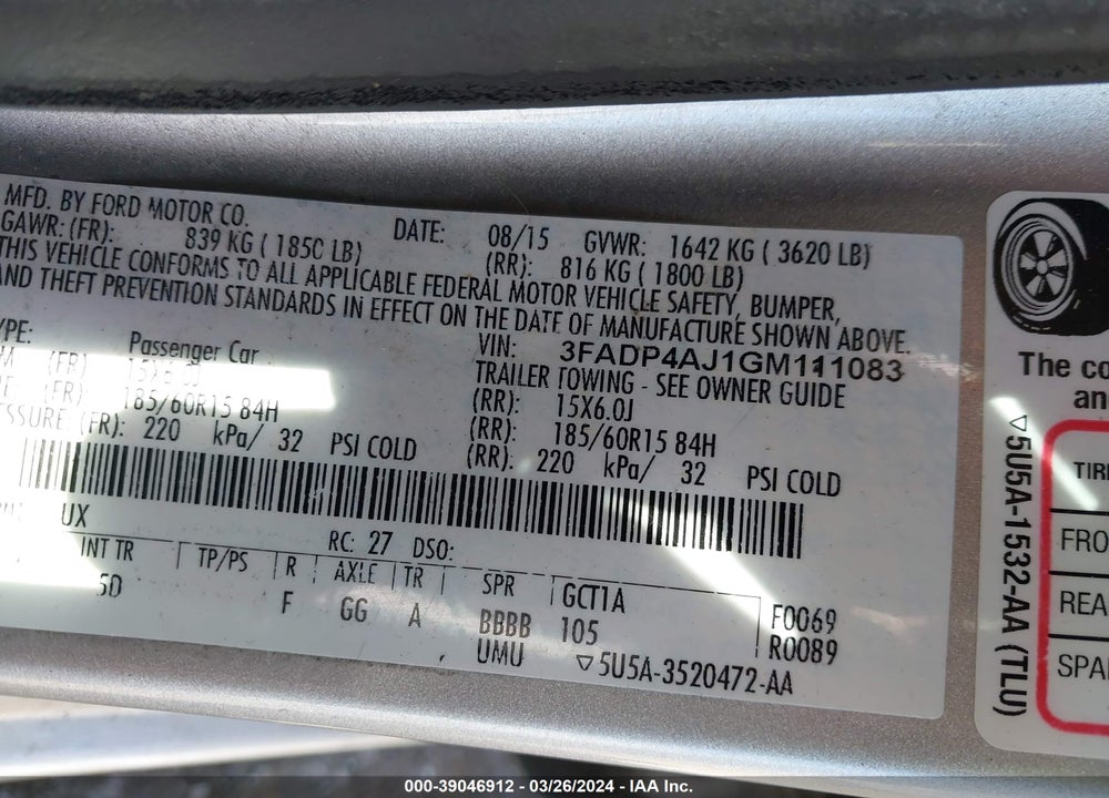 2016 FORD FIESTA S VIN: 3FADP4AJ1GM111083
