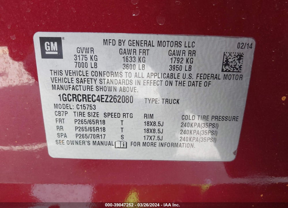 2014 CHEVROLET SILVERADO 1500 1LT VIN: 1GCRCREC4EZ262080