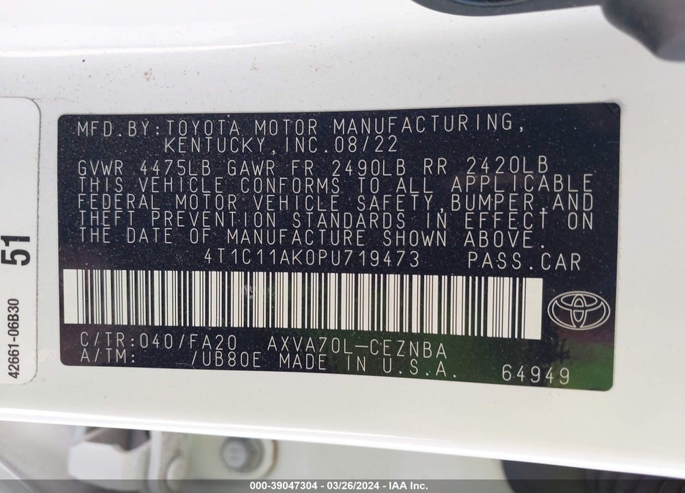 2023 TOYOTA CAMRY LE VIN: 4T1C11AK0PU719473