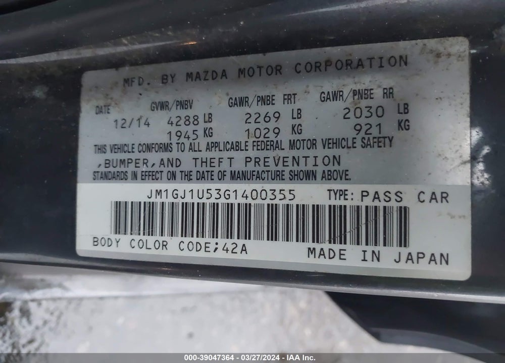 2016 MAZDA 6 I SPORT VIN: JM1GJ1U53G1400355