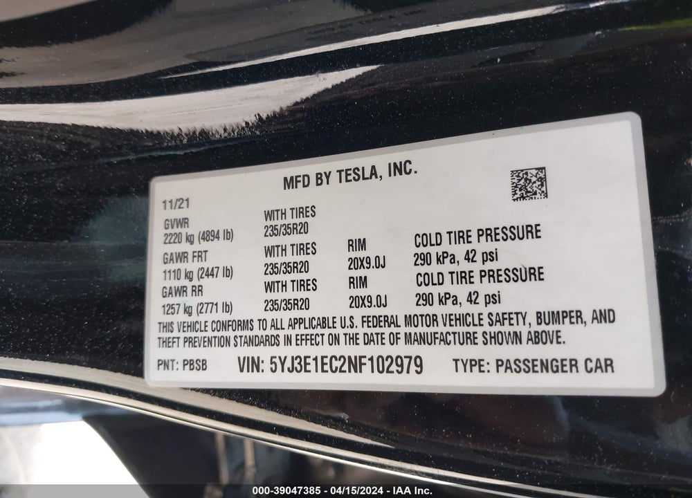 2022 TESLA MODEL 3 PERFORMANCE DUAL MOTOR ALL-WHEEL DRIVE VIN: 5YJ3E1EC2NF102979