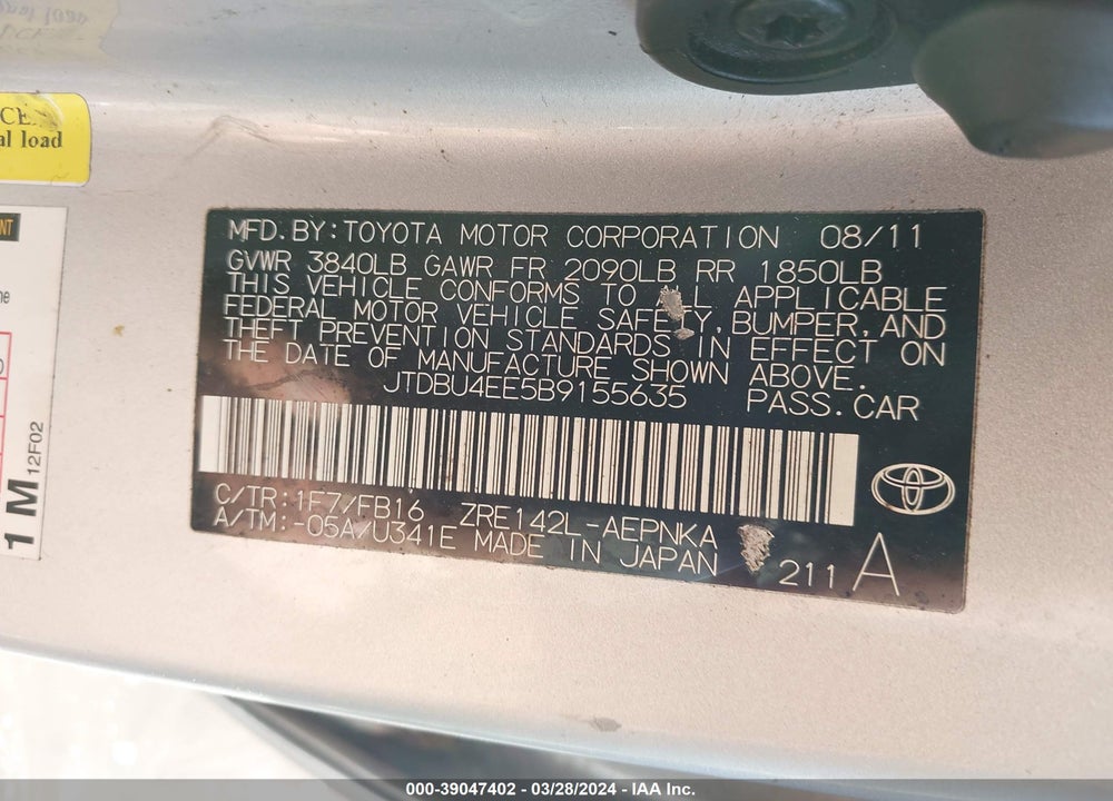 2011 TOYOTA COROLLA LE VIN: JTDBU4EE5B9155635