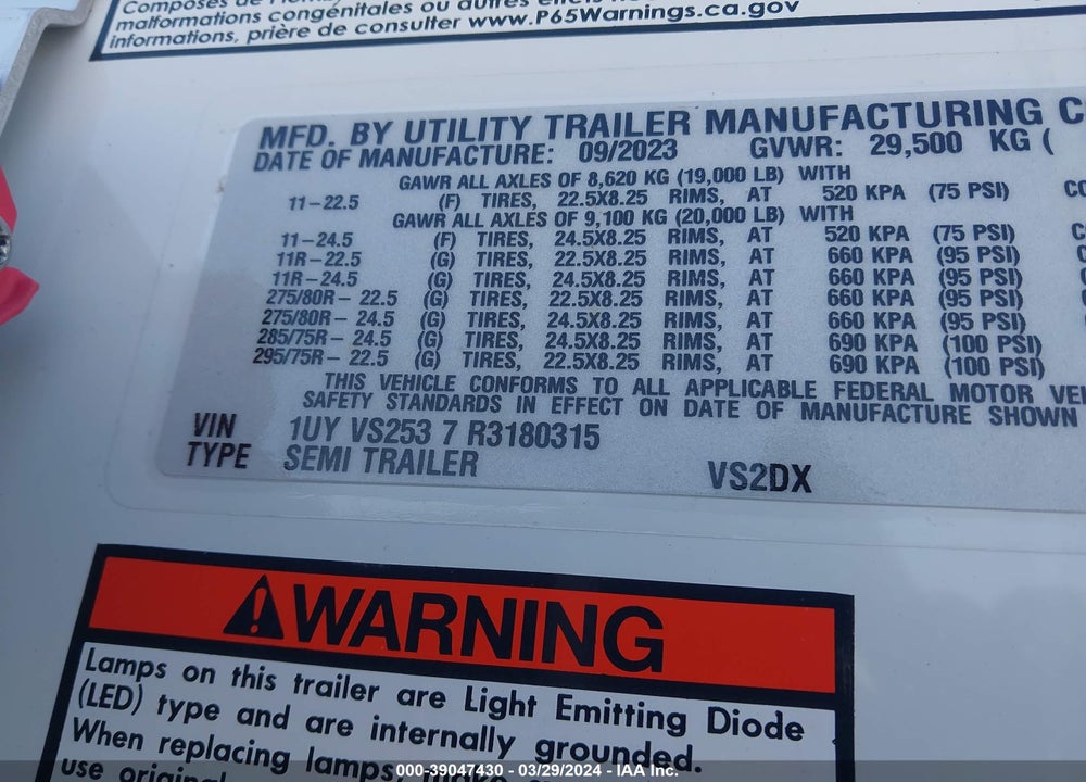 2024 UTILITY TRAILER MFG 4000D SEMI TRAILER VIN: 1UYVS2537R3180315