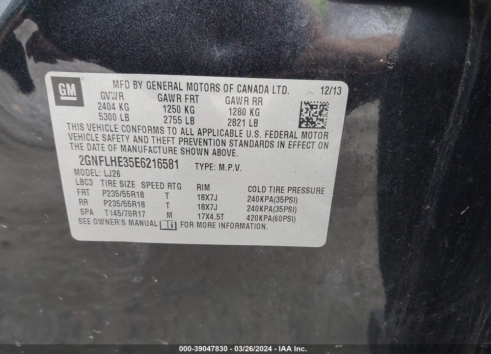 2014 CHEVROLET EQUINOX LTZ VIN: 2GNFLHE35E6216581