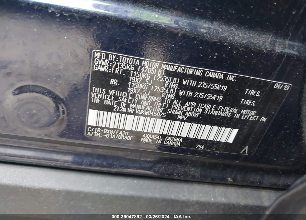 2019 TOYOTA RAV4 LIMITED VIN: 2T3N1RFV0KW045075