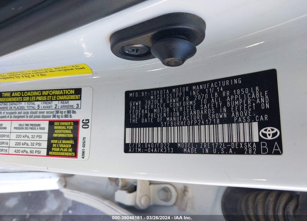 2015 TOYOTA COROLLA S VIN: 5YFBURHE0FP241718