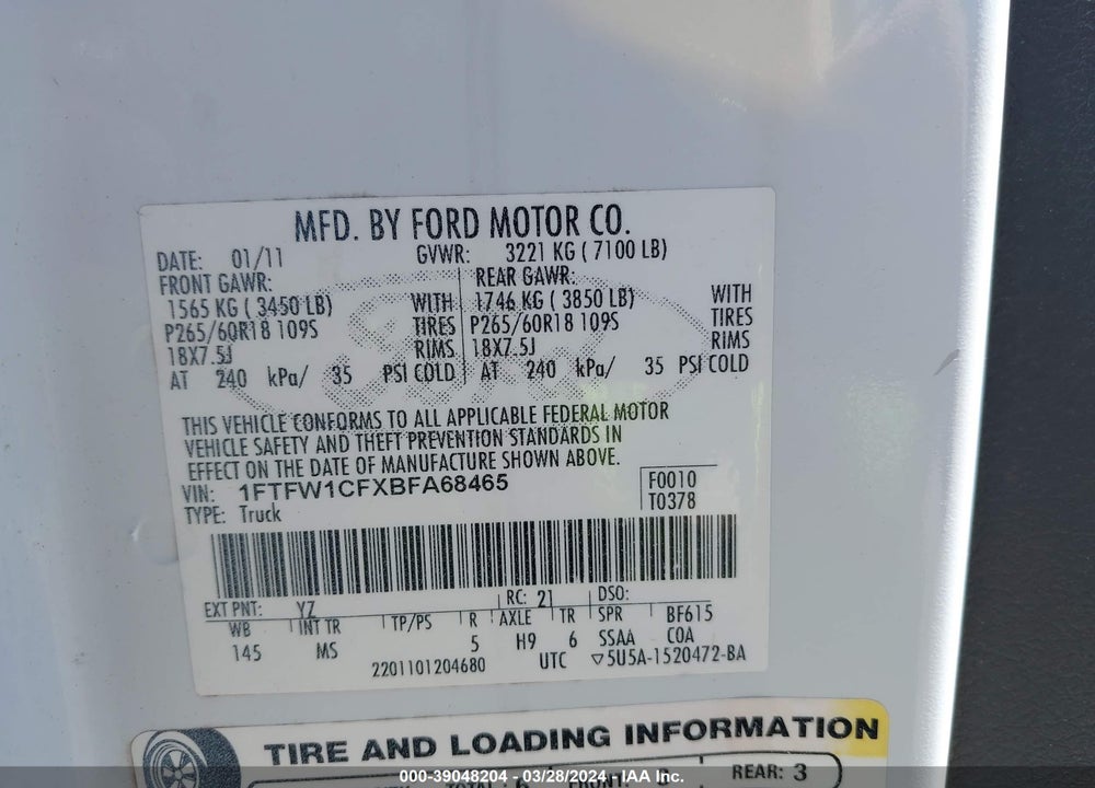 2011 FORD F-150 XLT VIN: 1FTFW1CFXBFA68465