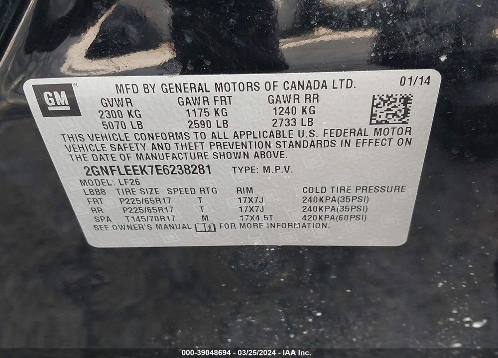 2014 CHEVROLET EQUINOX LS VIN: 2GNFLEEK7E6238281