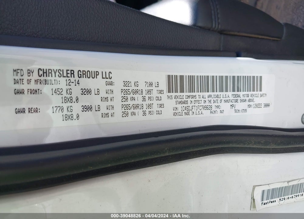2015 DODGE DURANGO SPECIAL SERVICE VIN: 1C4SDJFT1FC709628