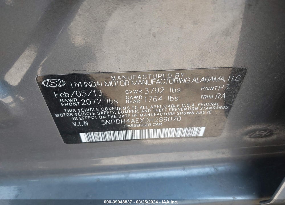 2013 HYUNDAI ELANTRA GLS VIN: 5NPDH4AEXDH289070